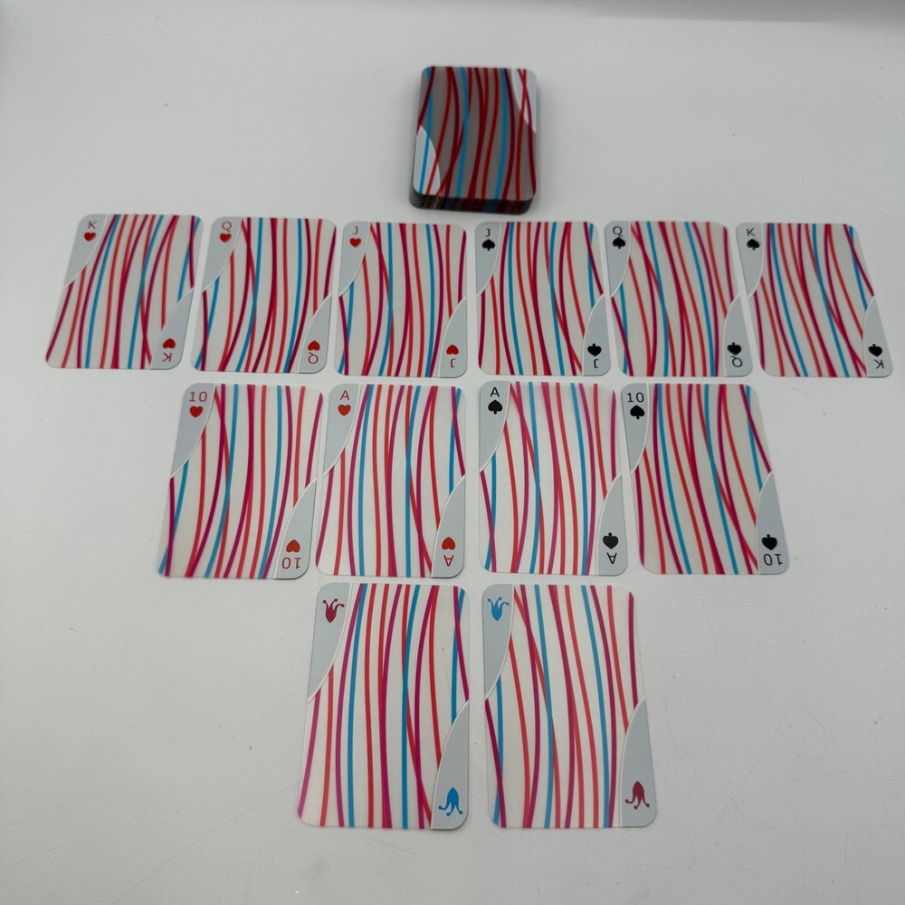 Umbra Clear Plastic Playing Cards Red Blue Wavy Stripe Modern Deck with Case